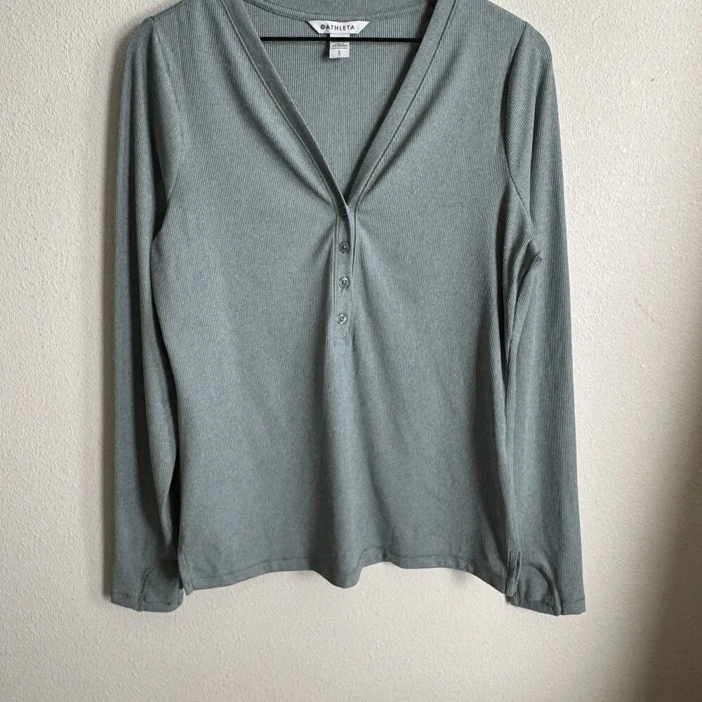 Athleta Top Womens Large Green Uptempo Ribbed Knit Henley‎ Comfy Soft Stretch - Picture 3 of 15